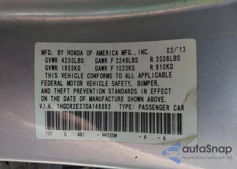 2013 Honda Accord Lx из США, поврежденный, VIN 1HGCR2E37DA149993